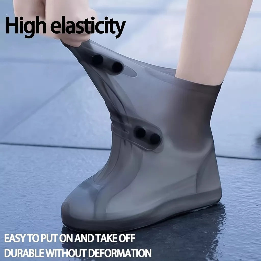 Gray waterproof rain boot shoe cover showing high elasticity and easy pull-on design