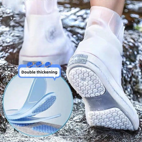 White waterproof rain shoe covers with anti-slip sole and double thickening detail