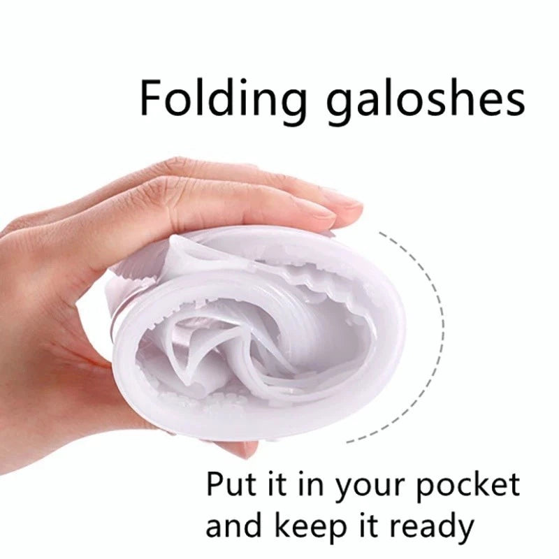 Foldable white rain shoe covers compact enough to fit in a pocket