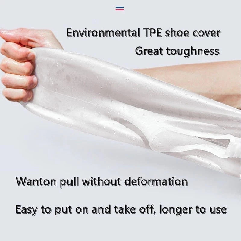 Clear white waterproof shoe cover demonstrating great toughness and stretch resistance
